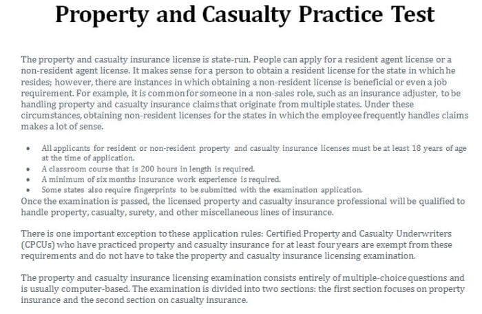 casualty property test practice insurance template